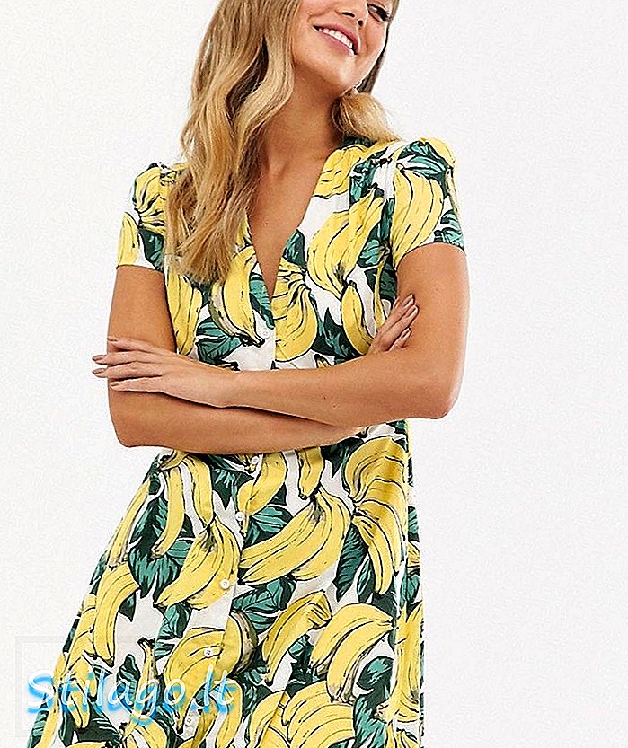 Glamourøs knappen ned skater kjole i bananprint-Multi