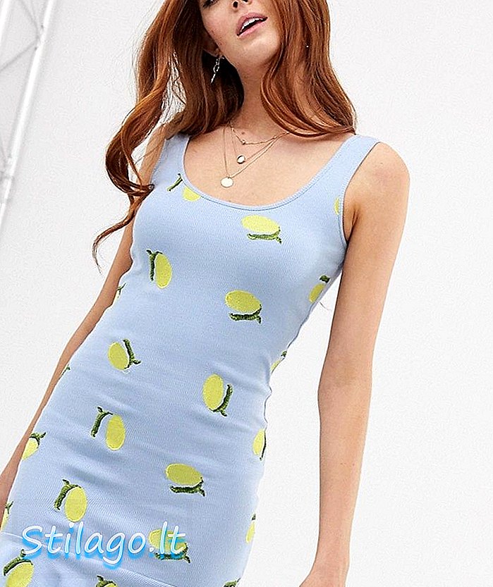ASOS DESIGN bordir mini dress rib rib print lemon dengan embel-embel hem-Biru