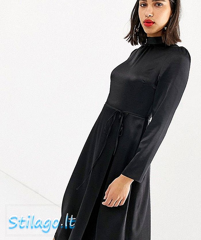 Rochie midi River Island cu talie cravată în satin negru