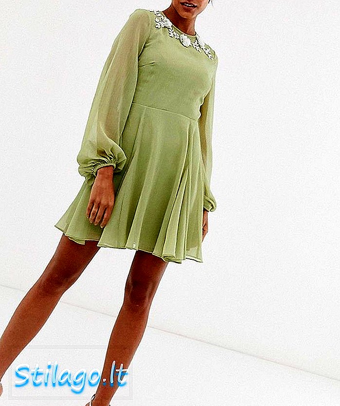 ASOS DESIGN mini dress với đường viền cổ áo màu xanh lá cây được tô điểm