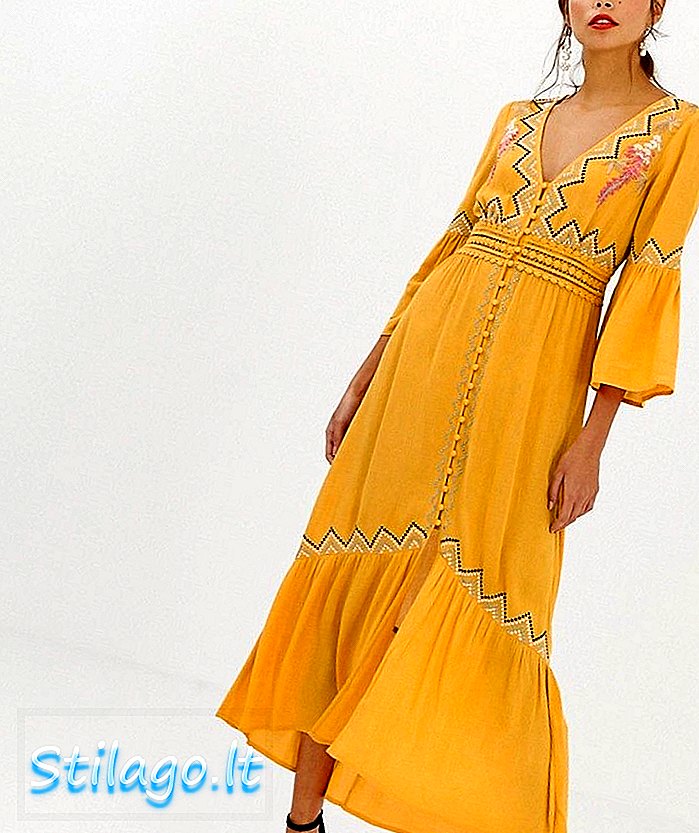 ASOS DESIGN - Robe longue à empiècements en dentelle avec broderies - Jaune