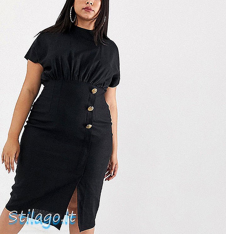 ASOS DESIGN فستان متوسط ​​الطول من الكتان برقبة عالية وأزرار على شكل ذبل - أسود