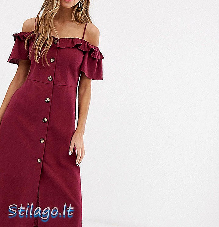 Tlačítko Miss Selfridge přes bardotové ozdobné midi šaty ve fialové barvě