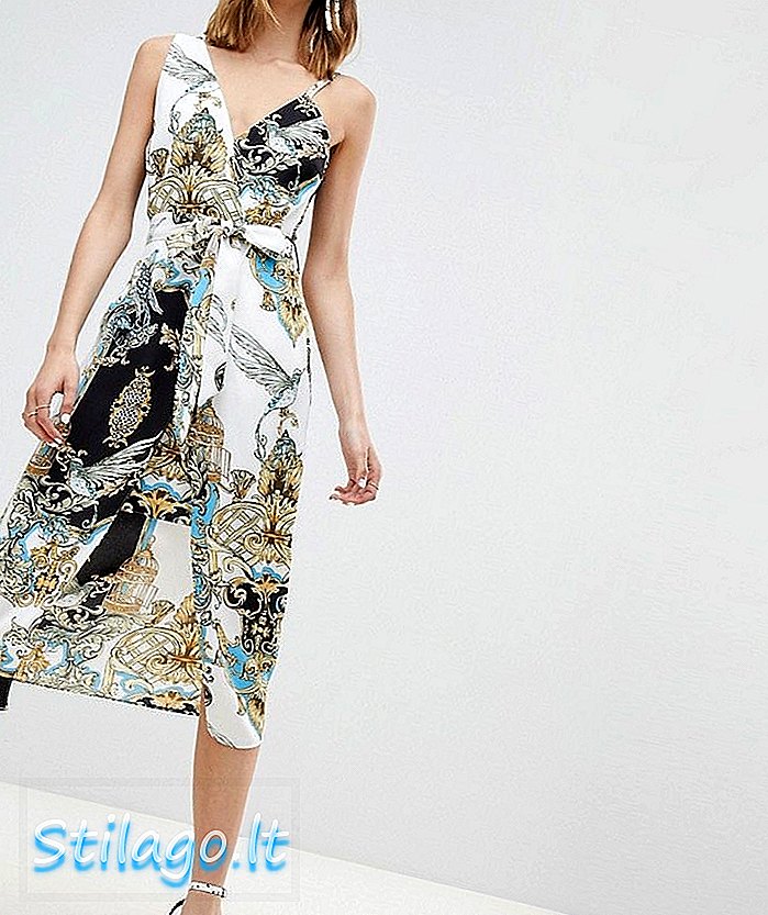 रिव्हर बेट असमानमित स्कार्फ प्रिंट मिडी कॅमी ड्रेस-यलो