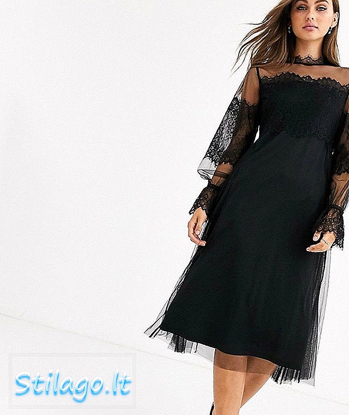Мрежну чипкасту хаљину са високим вратом у црној боји