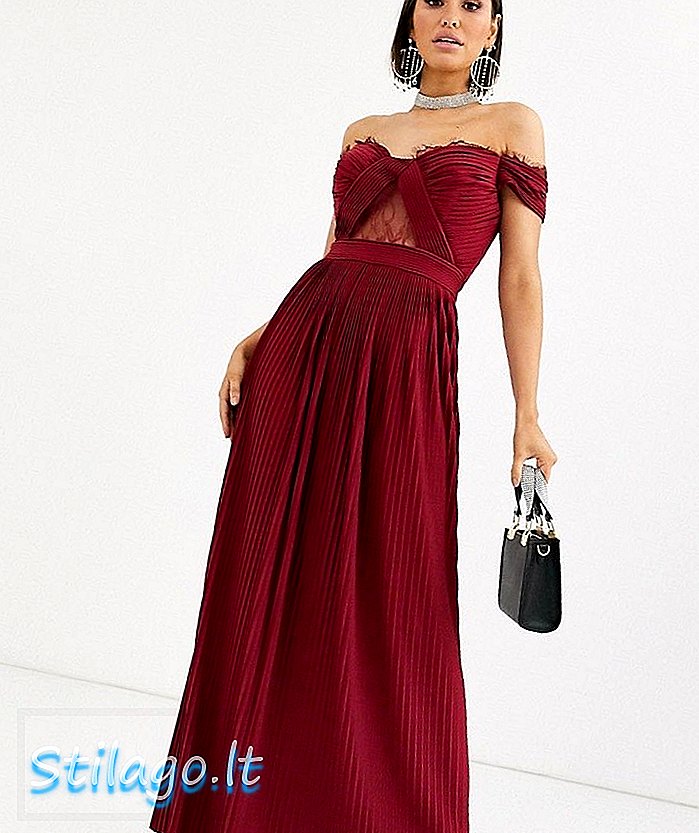 „ASOS DESIGN“ pilnesni nėriniai ir plisuotos bardot maxi suknelė - raudona