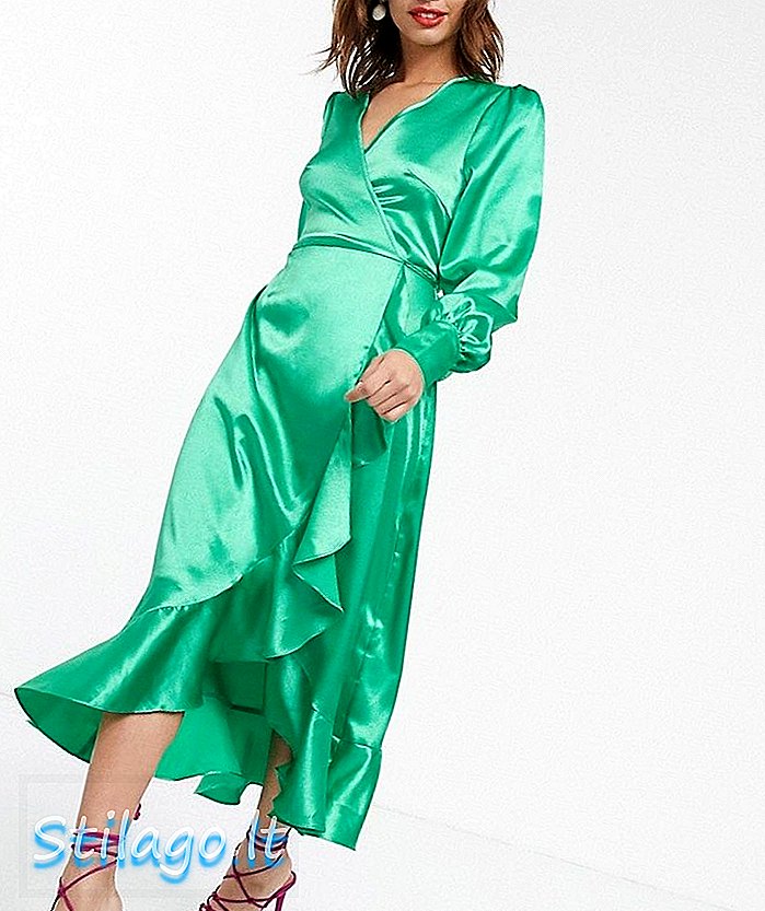 Jolie robe portefeuille mi-longue somptueuse en satin vert-vert