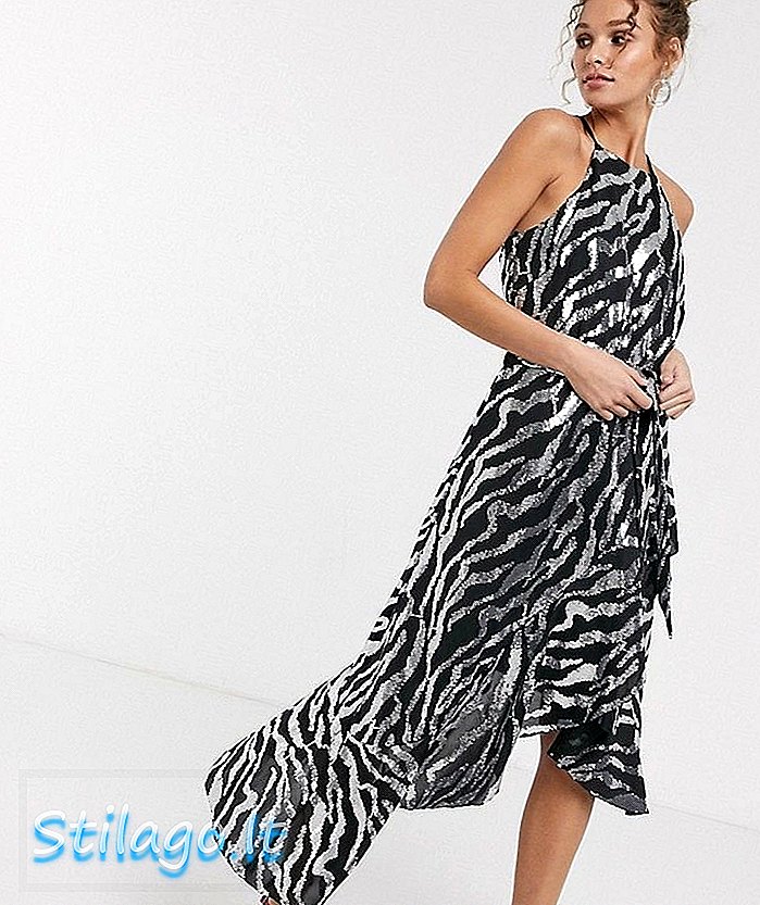 Forever U Pailletten Midi Kleid mit Rüschendetail in schwarz und silbernen Zebra-Multi