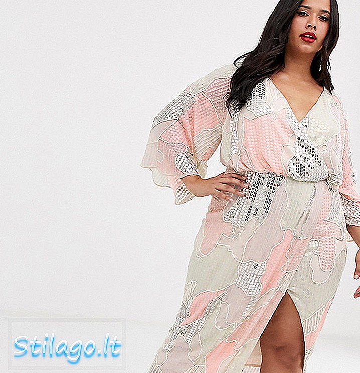 ASOS DESIGN Rochie midi kimono curbată în perle și paiete decorare patch-Multi