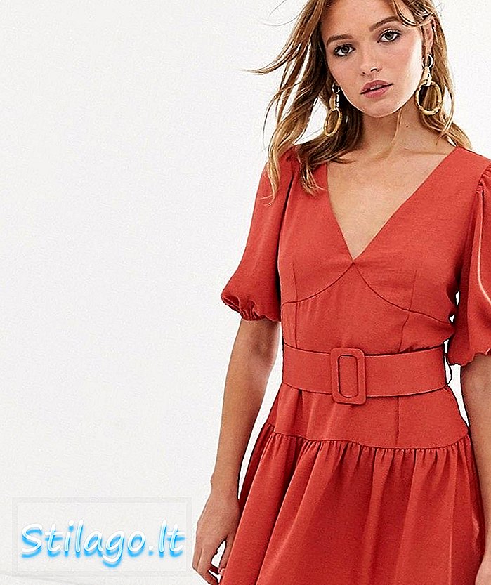 ASOS DESIGN puf kollu kuşaklı mini çay elbise-Kırmızı