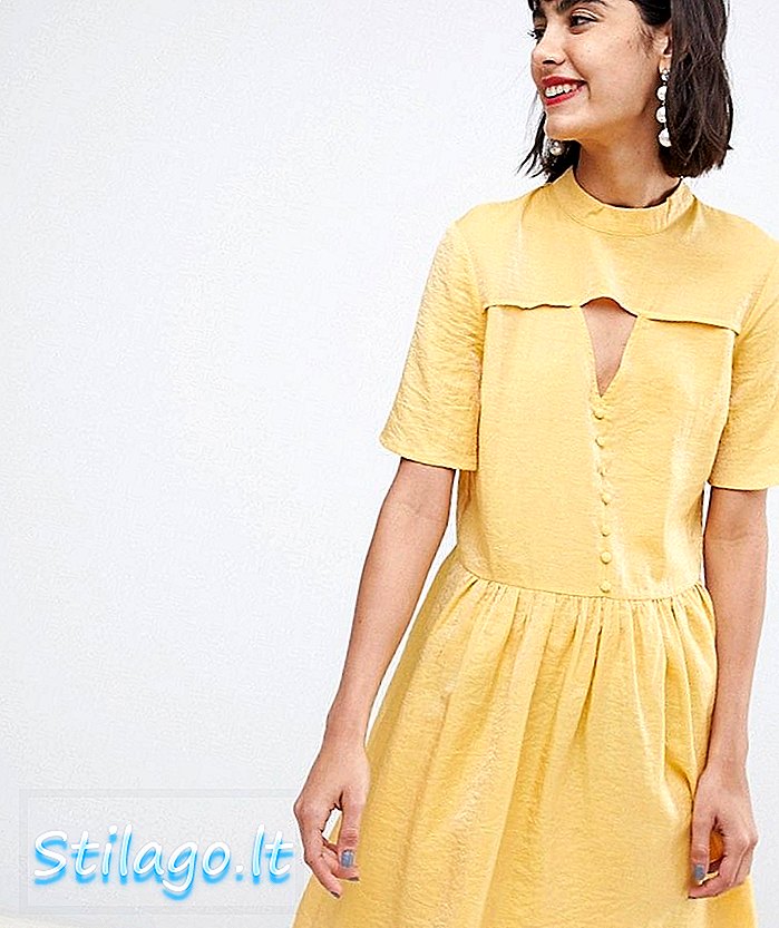 Mini čajna obleka z detajlom gumba v rumeni barvi