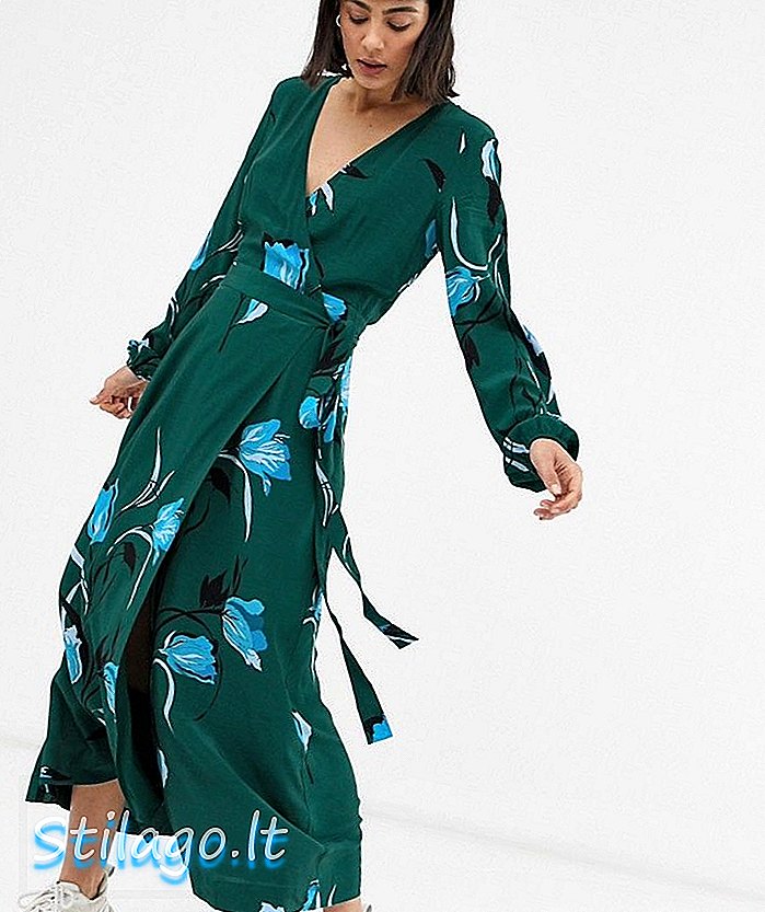 Gestuz Sille Çiçek Desenli Midi Elbise-Yeşil