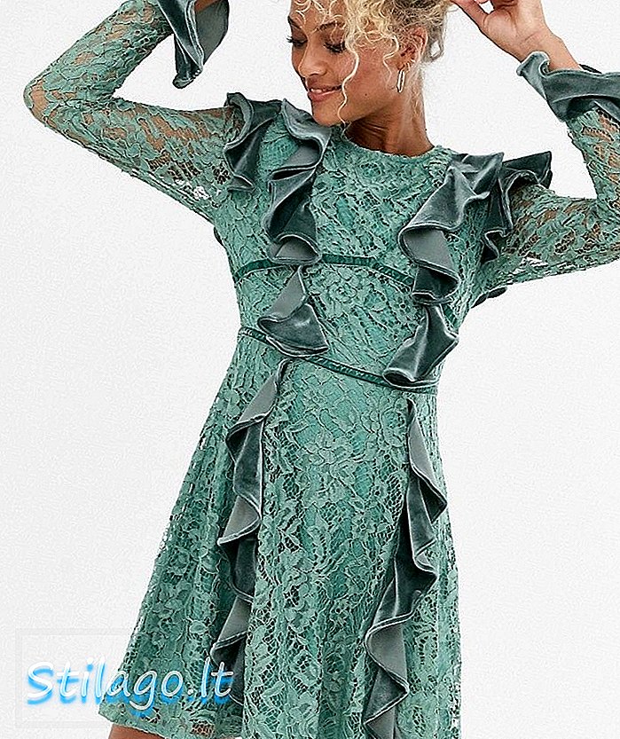 Puošnūs nėriniai ir aksominė mini suknelė su raukšlių detalėmis-žalia