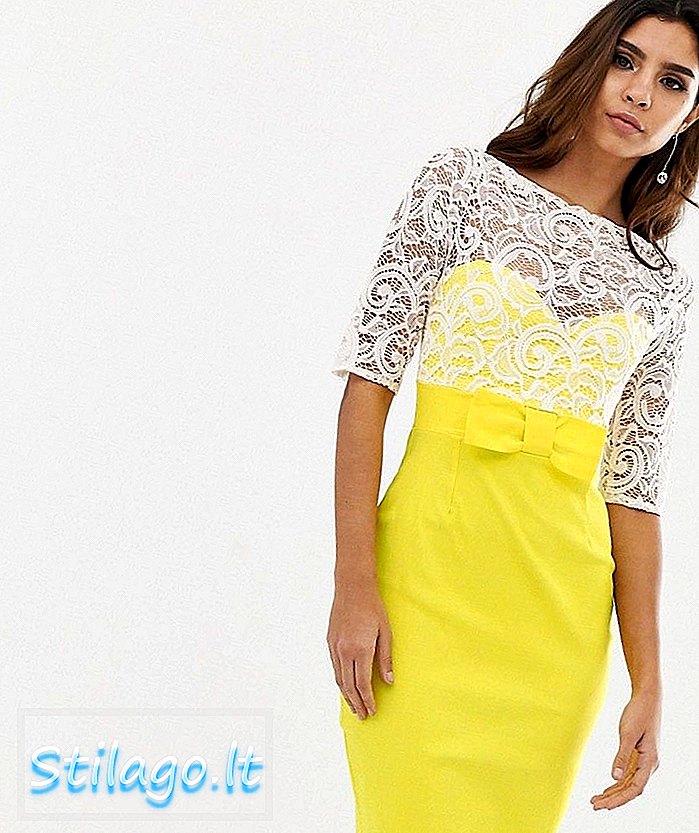 Vesper kontrastna čipka bodycon midi haljina-žuta