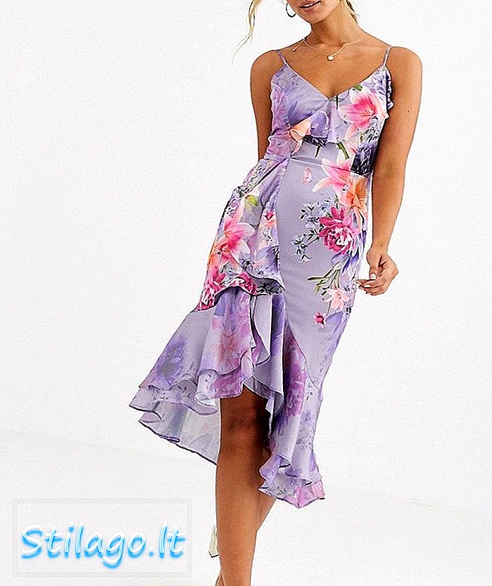 Платье миди с расклешенной юбкой и фиолетовым цветочным принтом