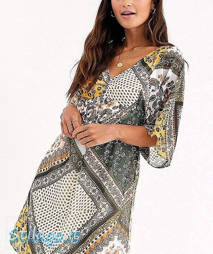 दुपट्टा प्रिंट-ग्रीन में पिमकी वी नेक मिनी ड्रेस