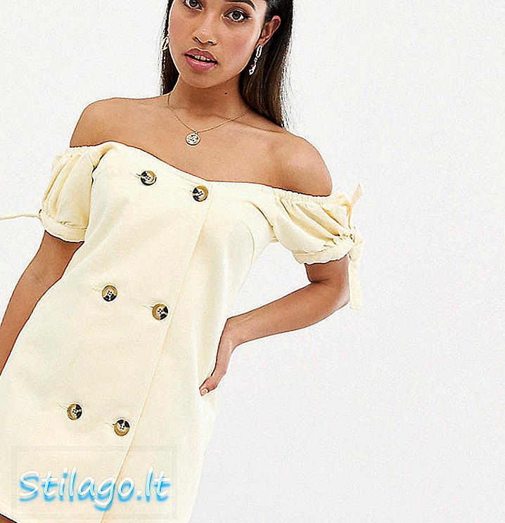 ASOS DESIGN Petite - Denim bardot mini-jurk met dubbele rij knopen - Geel