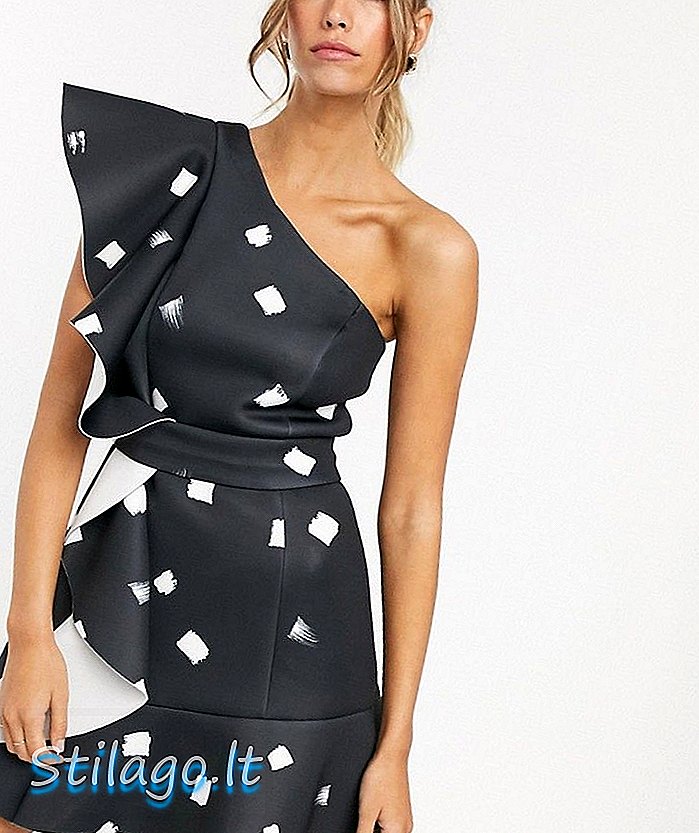 ASOS डिजाइन प्रिंट-मल्टी में एक कंधे वाली मिनी रफ़ल ड्रेस
