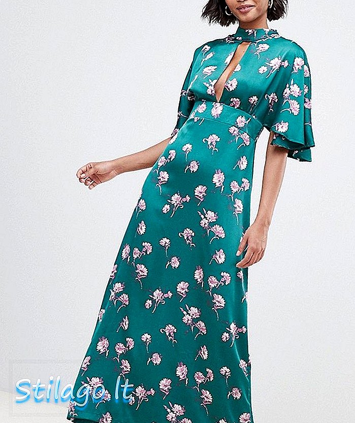 Maksimāla kleita ar krāsainu kimono piedurkņu piedurkni ar atslēgas caurumu un zaļā krāsā ar ziedu apdruku