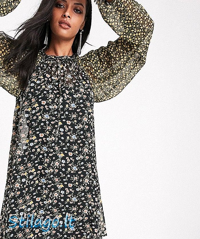ASOS DESIGN - Trapeze mini-jurk met gemengde ditsy bloemenprint - Multi