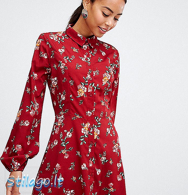 השפעה שמלת חולצה מחולפת פרחונית גבוהה - אדום