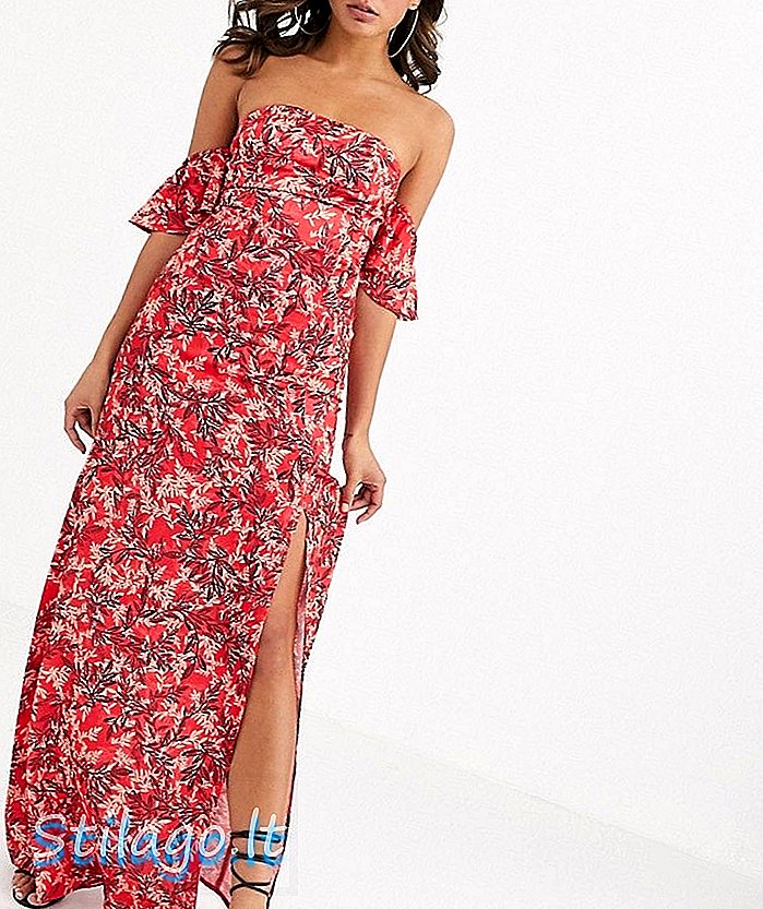 Koco & K فستان ماكسي بدون أكتاف مع انقسام في الفخذ بطباعة ورقة حمراء-متعدد
