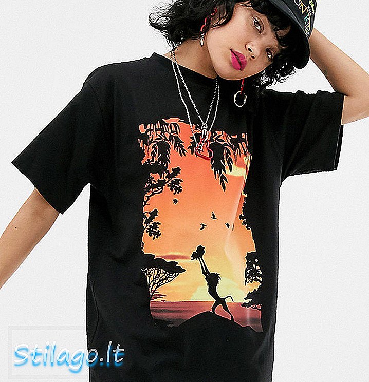 Gaun t-shirt Disney The Lion King x ASOS DESIGN dengan cetakan matahari terbenam ikonik-Hitam