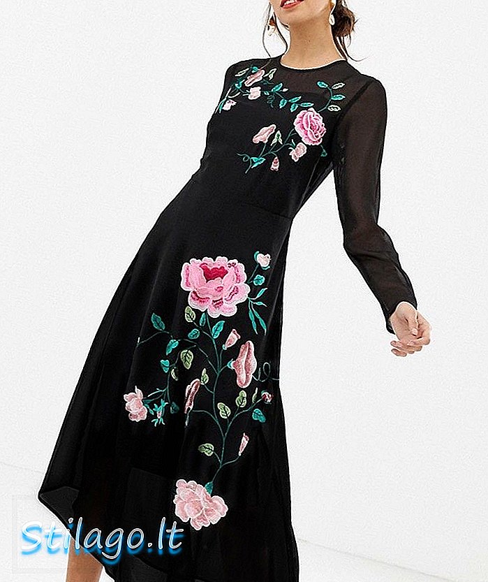 ASOS DESIGN midi obleka s cvetličnim vezenjem in dolgimi rokavi-črna