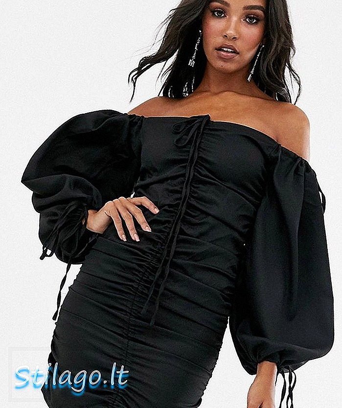 Міні-плаття Boohoo bardot з рукавами на повітряній кулі та рюшем деталей чорного кольору