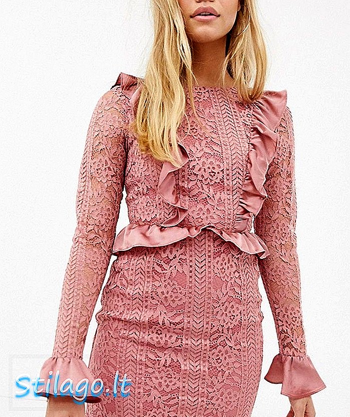 Gaun renda glamor dengan detail frill satin-Pink