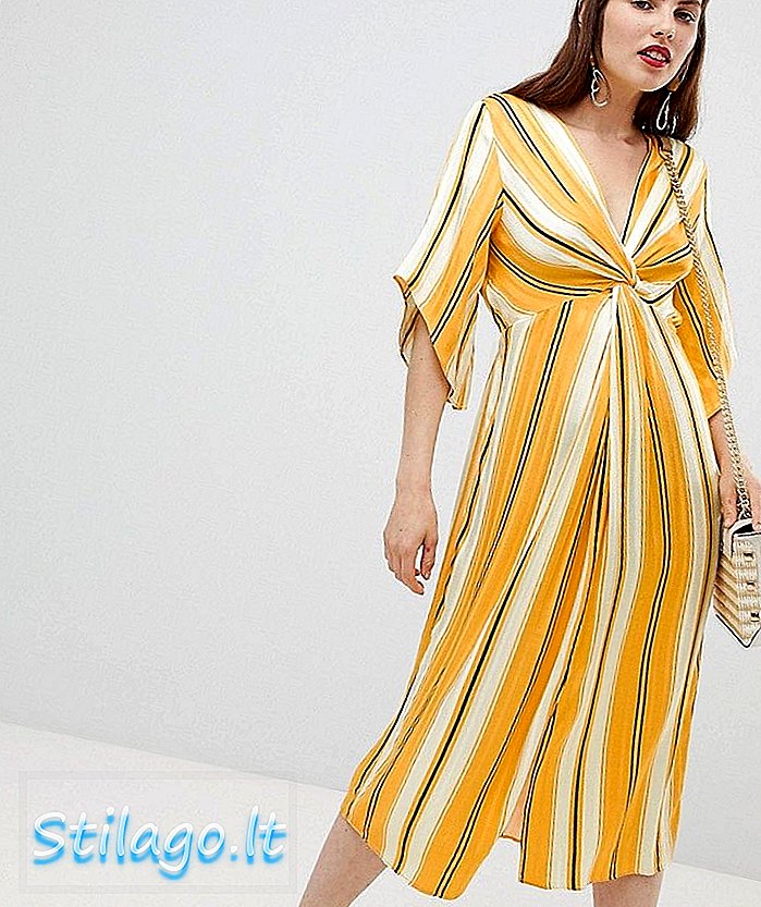 पट्टी-पिवळ्या रंगाच्या गाठीच्या तपशीलासह रिव्हर आयलँड स्मोक मिडी ड्रेस