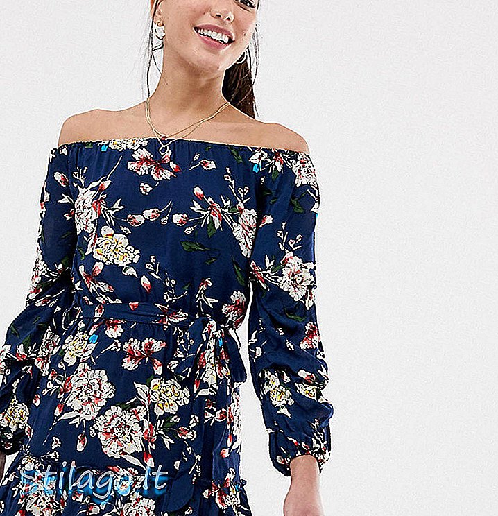 Parisisk høye off shoulder skater kjole i floral marineblå