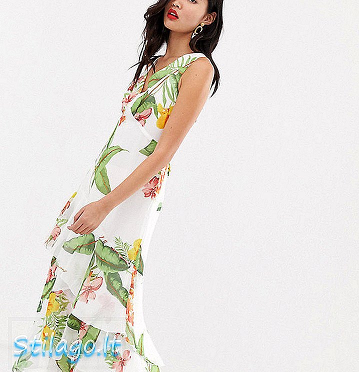 Lager maxi kjole med frill i tropisk print-hvid