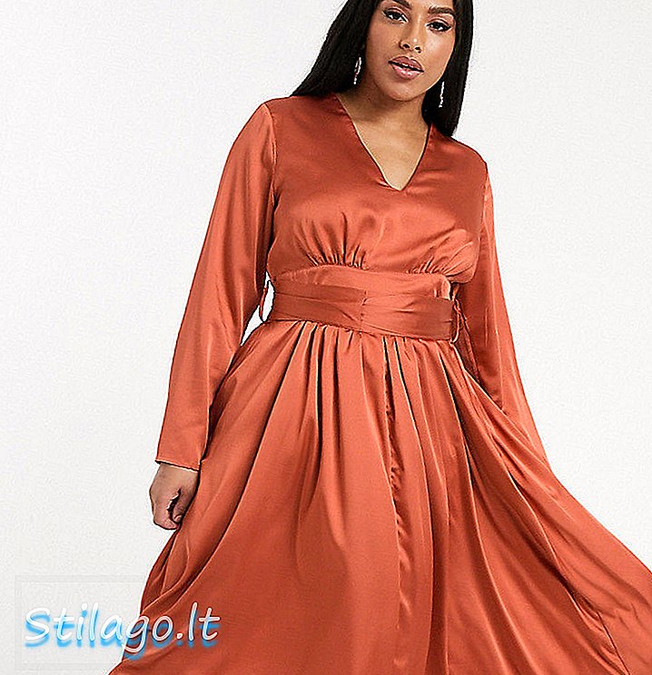 Glamorous Curve βυθιστεί μπροστά φόρεμα μεσαίου τσαγιού σε σατέν-πορτοκαλί