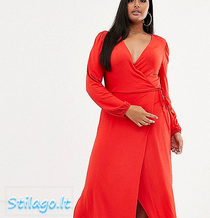ASOS DESIGN Curve puff ръкав обвивка макси рокля с високо сплит-червено