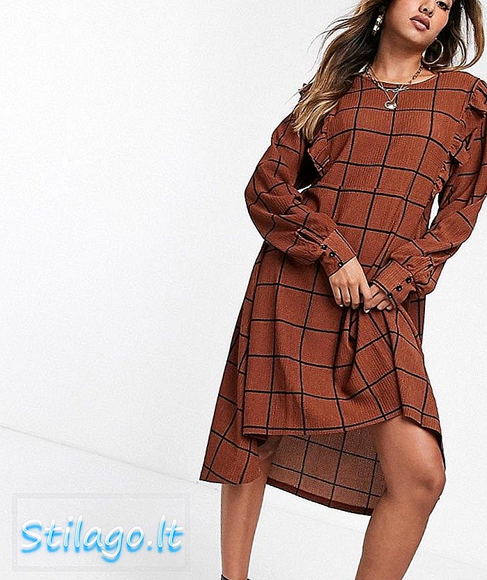 Y.A.S Valeria lengan panjang ruffle cek depan midi dress-Brown