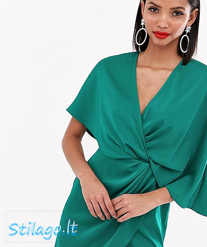 ASOS DESIGN σατινέ μίνι φόρεμα με κόμπο μπροστά και ασύμμετρο μανίκι-Πράσινο
