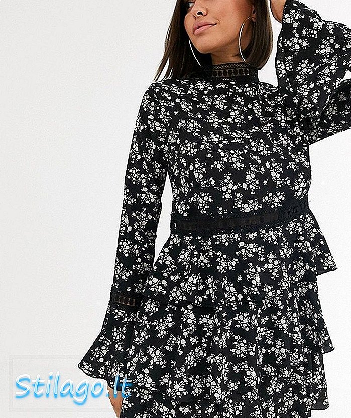 Boohoo miniklänning med hög hals med lagrade kjolar i svart ditsy blommig-Multi