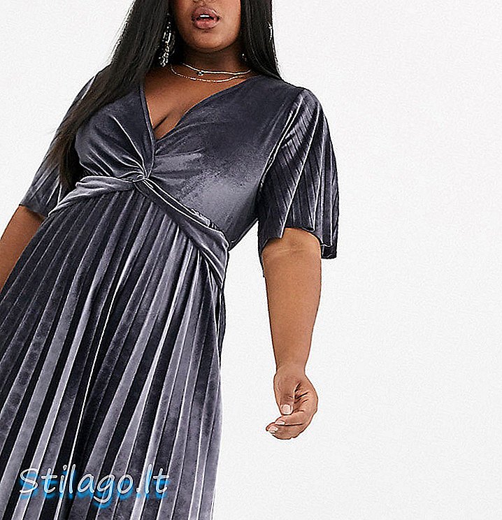 ASOS DESIGN Vestido midi de quimono plissado com detalhes curvos e torção em veludo-Prata