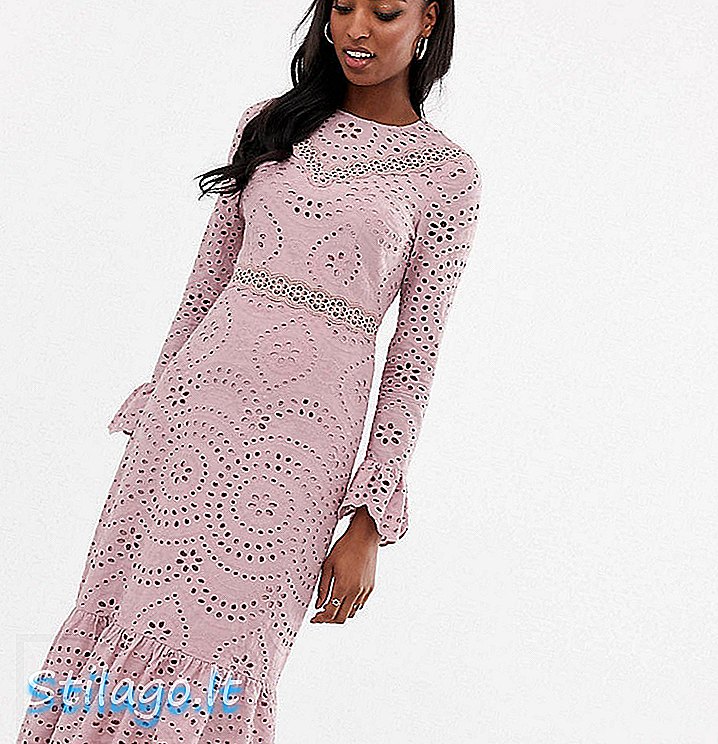 ASOS DESIGN Tall - PREMIUM - Robe longue en broderie avec ourlet boutonné et manches évasées - Rose