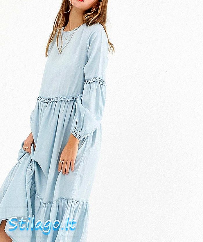 ASOS DESIGN denim gaun midi berjenjang dengan warna biru bersih