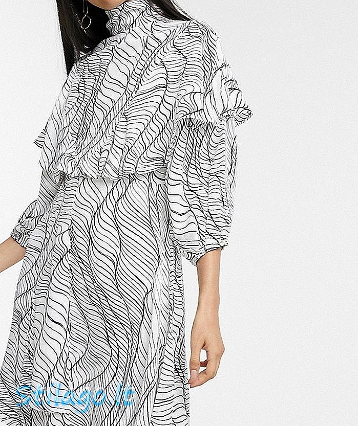 एएसओएस व्हाईट रेखीय प्रिंट फ्रिल ड्रेस