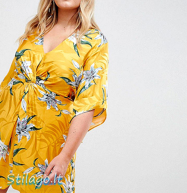 리버 아일랜드 플러스 플로럴 프린트 매듭 앞 기모노 드레스-노랑