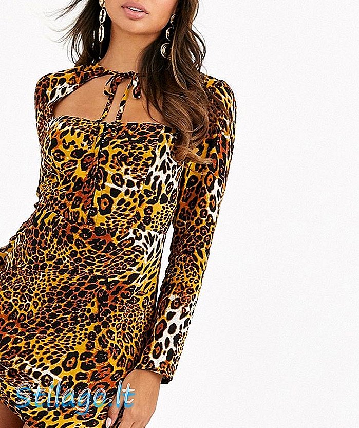 Leopard-Brown의 긴팔 슬리브가 달린 넥타이 넥 Bodycon 미니 드레스