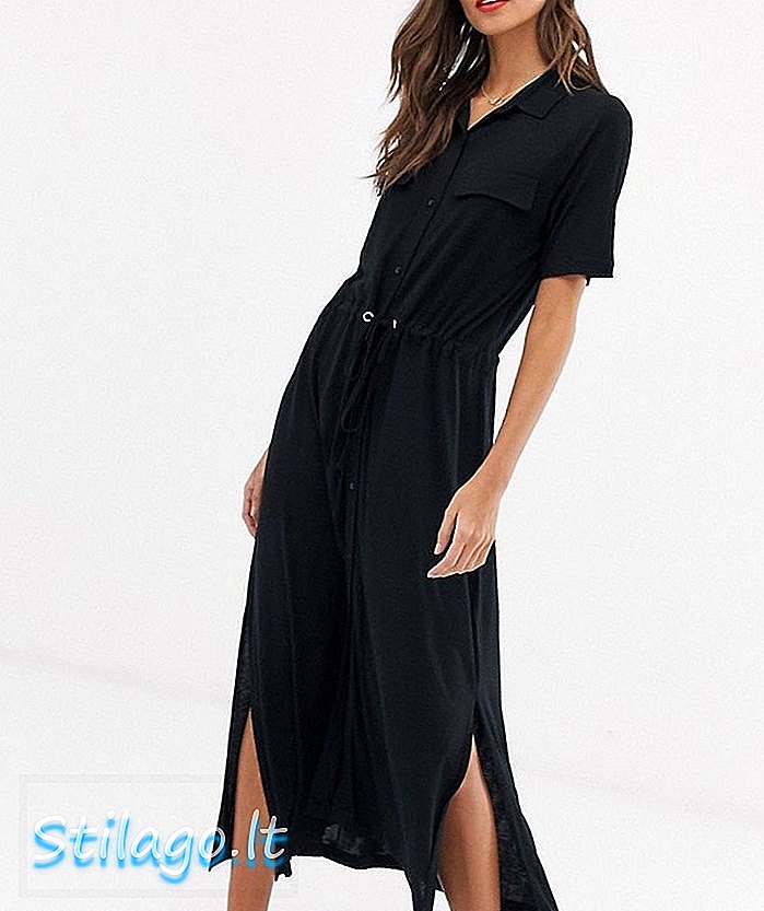 Φόρεμα maxi πουκάμισο γαλλικής σύνδεσης-Μαύρο