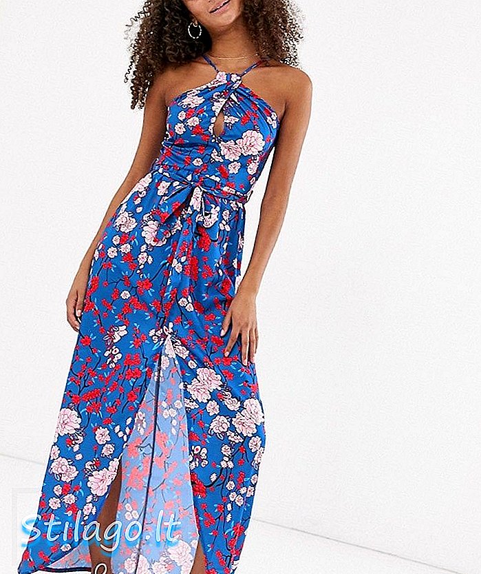 Parijse maxi-jurk met halternek, bloemenprint, sleutelgatdetail en gestrikte taille - blauw