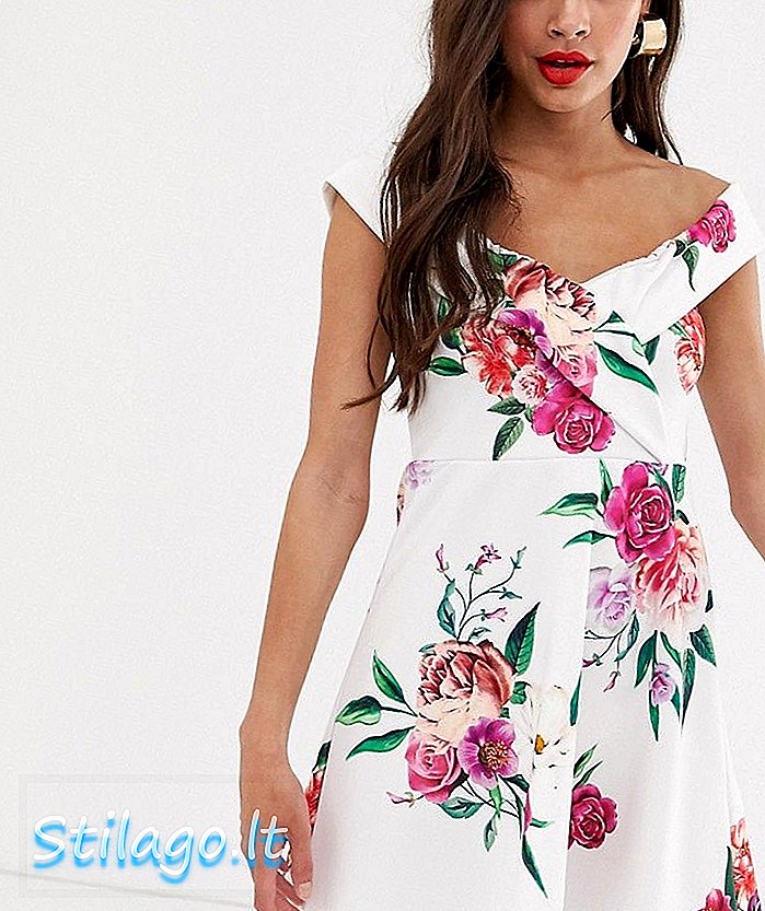 فستان بوهو بدون أكتاف من الزهور البيضاء - متعدد الألوان