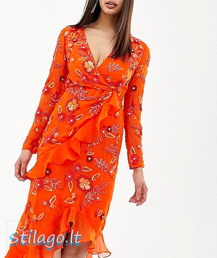Virgos Lounge флорално украсена обвивка отпред, асиметрична рокля midi в оранжево