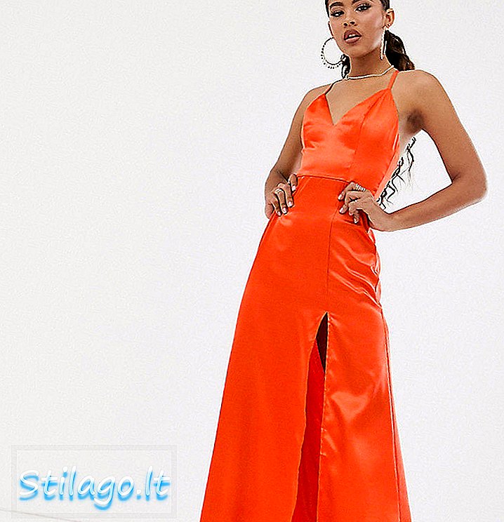 Club L London Tall saténové ponorné predné Maxi šaty s vysokým stehnom rozdelené v oranžovej farbe