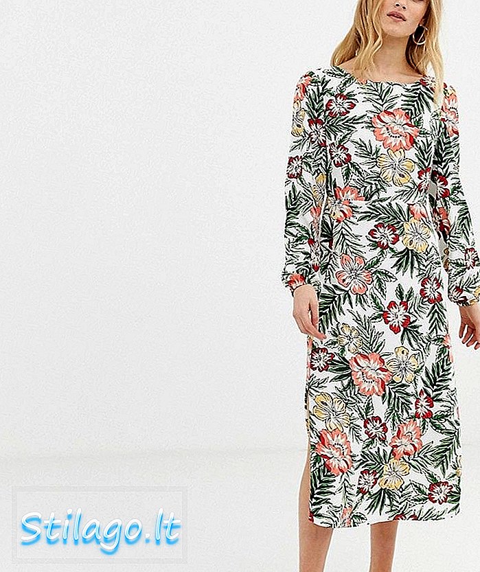 Glamurozna midi čajna haljina u tropskom print-kremi